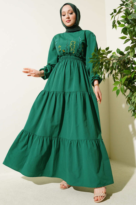 Nakışlı Bel Lastikli Kat Kat Elbise Zümrüt