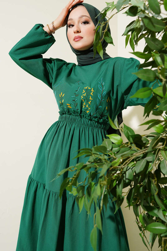 Nakışlı Bel Lastikli Kat Kat Elbise Zümrüt
