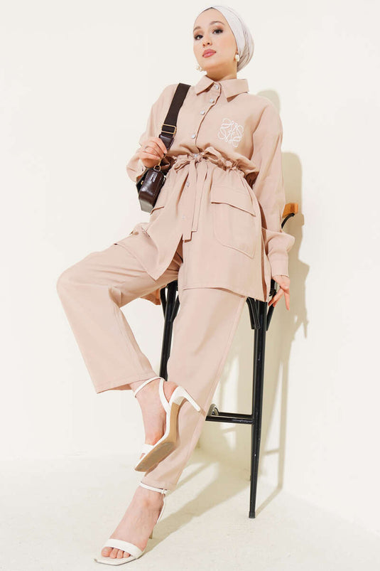 Nakışlı Bel Tünelli Tencel İkili Takım Taş