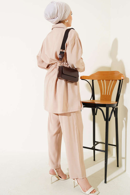 Nakışlı Bel Tünelli Tencel İkili Takım Taş