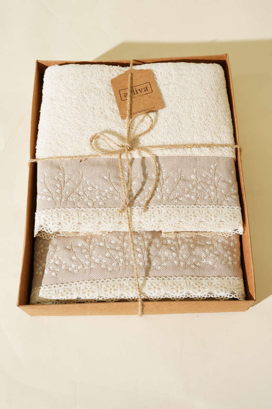 Nakışlı Dantelli 2'li Banyo ve El Havlu Seti Asorti 2