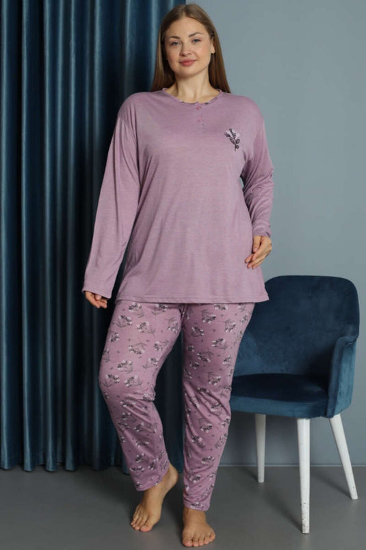 Ensemble pyjama grande taille en viscose à motifs brodés lilas