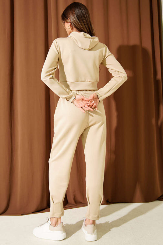 Embroidered Hooded Crop Two-Piece Set, Beige