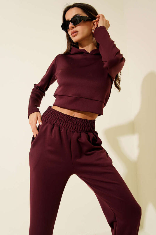 Embroidered Hooded Crop Two-Piece Set, Plum