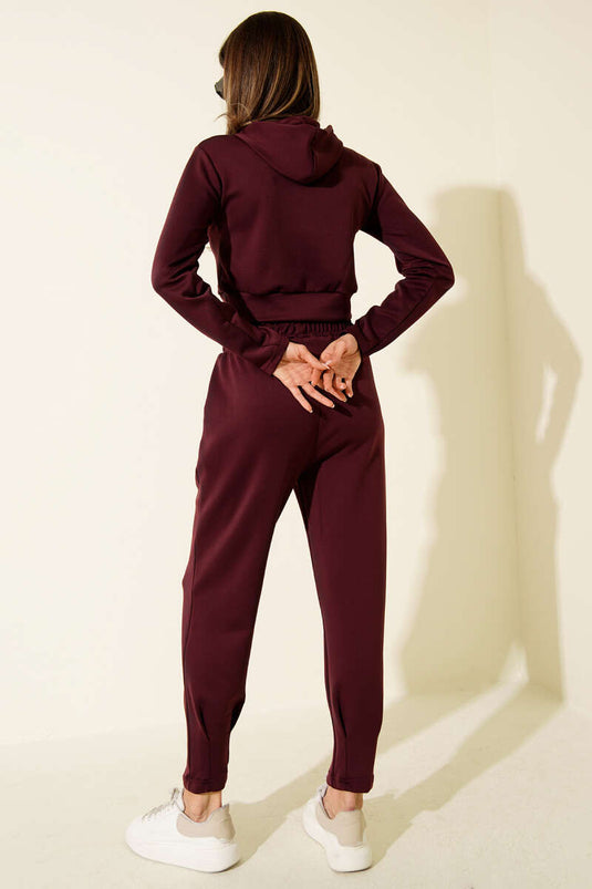 Embroidered Hooded Crop Two-Piece Set, Plum