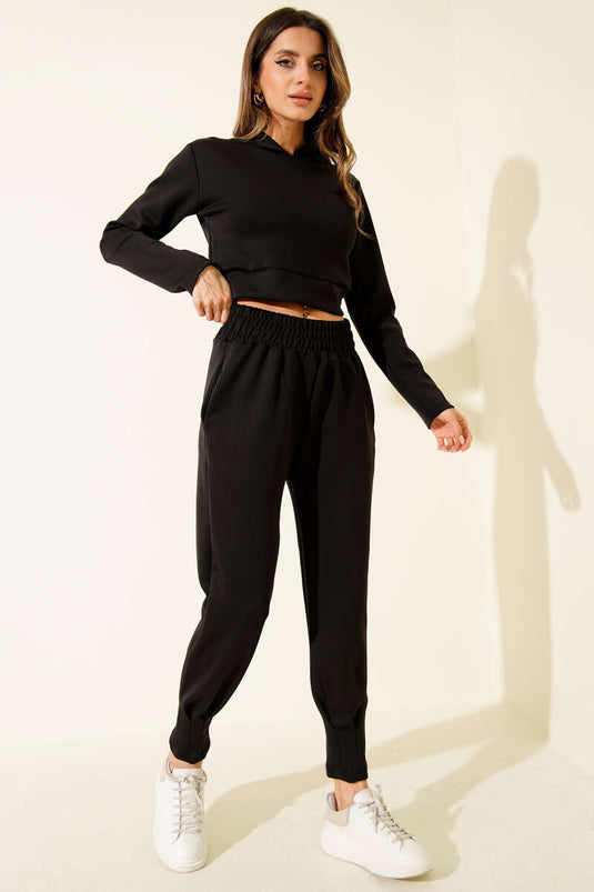 Embroidered Hooded Crop Two-Piece Set, Black