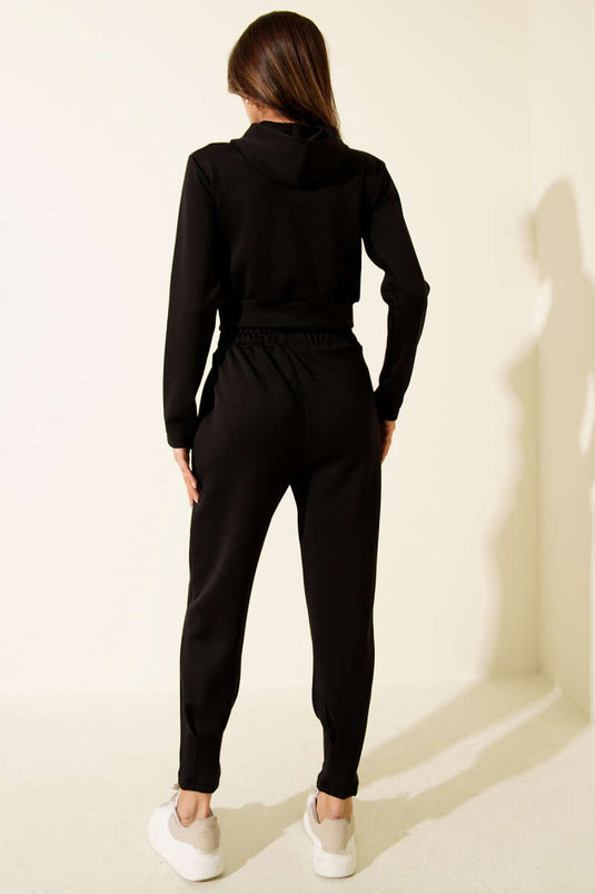 Embroidered Hooded Crop Two-Piece Set, Black