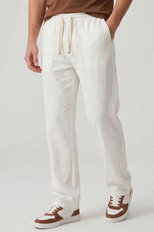 Pantaloni da uomo in lino ricamati bianchi