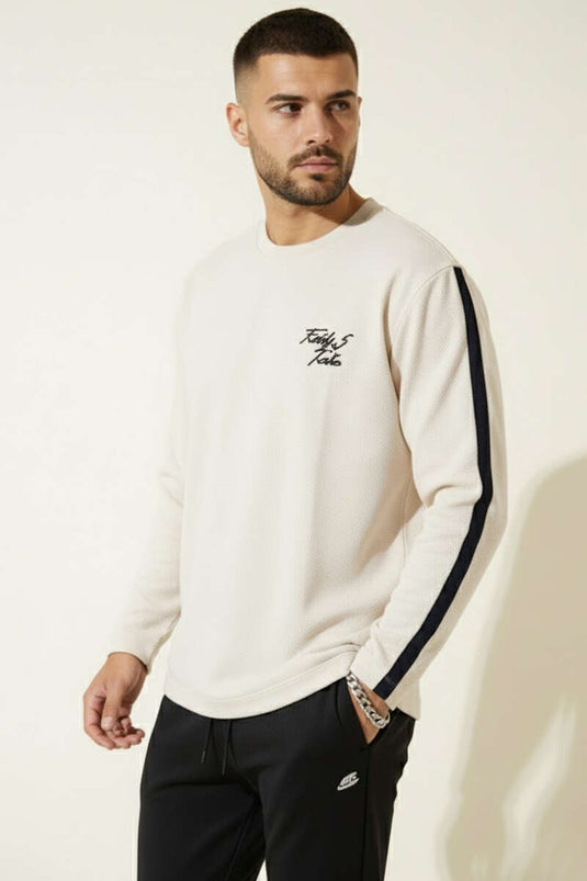 Men's Sweatshirt with Embroidered Sleeve Stripes, Beige