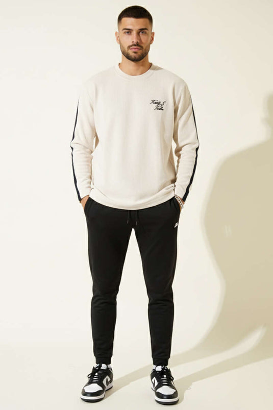 Men's Sweatshirt with Embroidered Sleeve Stripes, Beige