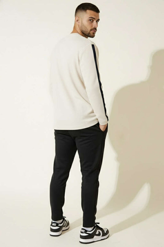 Men's Sweatshirt with Embroidered Sleeve Stripes, Beige