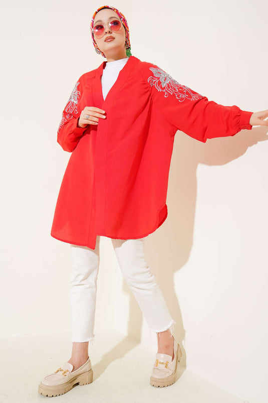 Embroidered Sequin Kimono Alizarin