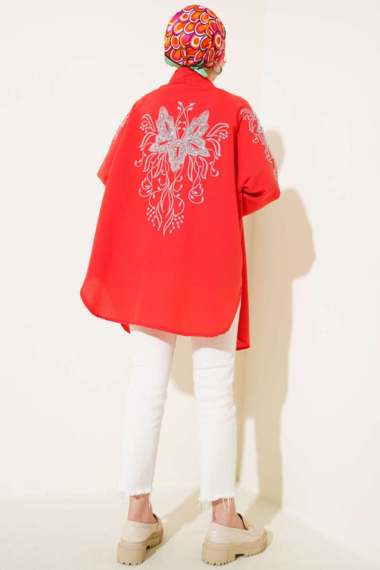 Embroidered Sequin Kimono Alizarin