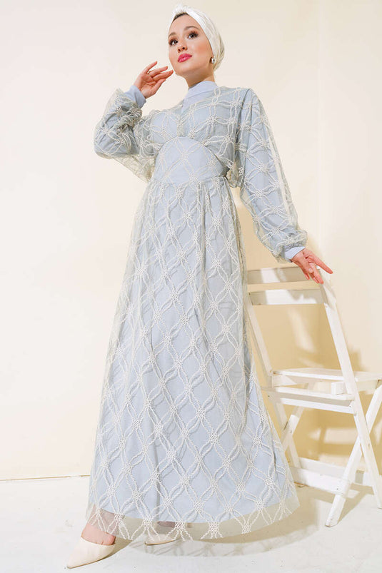 Embroidered Tulle Dress Gray