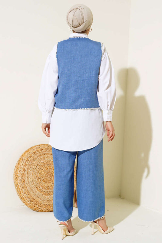 Embroidered Vest Set Indigo