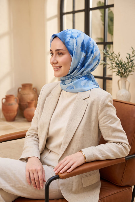 Natural Çiçek Desen Eşarp Serisi Bebe Mavisi