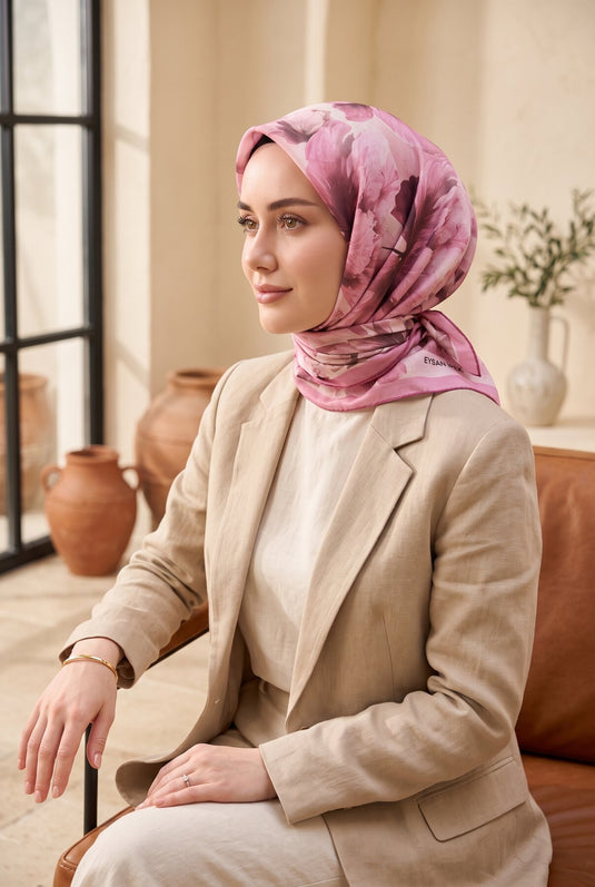 Natural Çiçek Desen Eşarp Serisi Gülkurusu