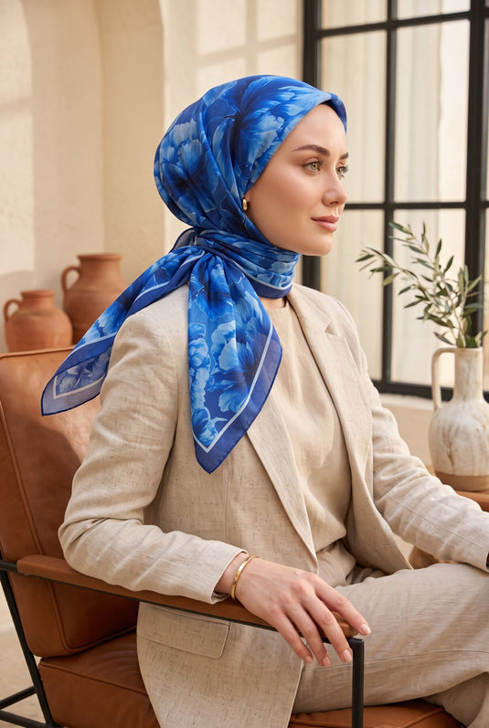Natural Çiçek Desen Eşarp Serisi İndigo