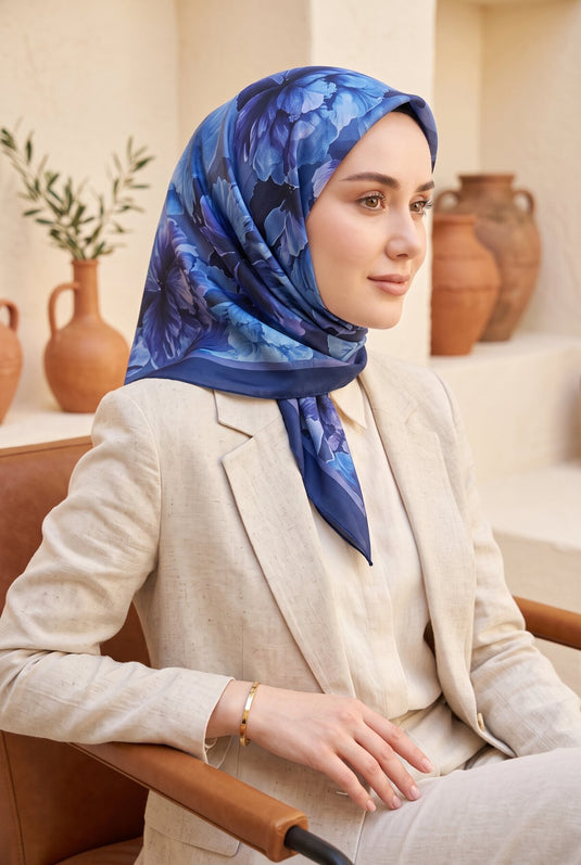 Natural Çiçek Desen Eşarp Serisi Lacivert
