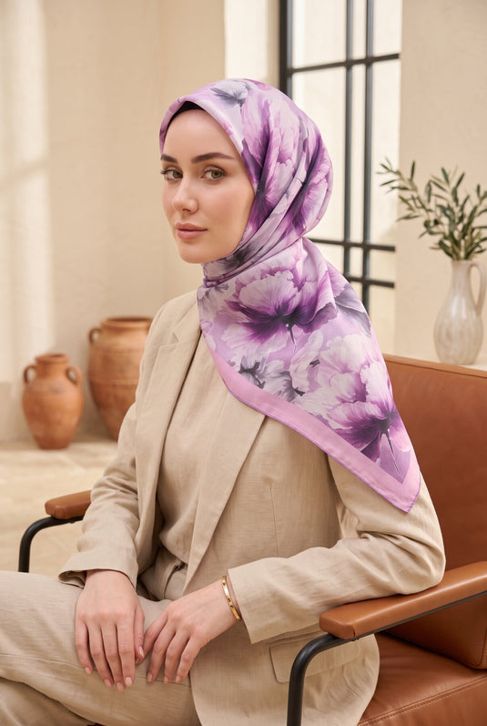 Natural Çiçek Desen Eşarp Serisi Lila