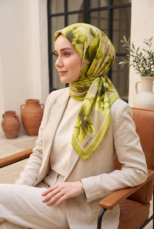 Natural Çiçek Desen Eşarp Serisi Yeşil Olive
