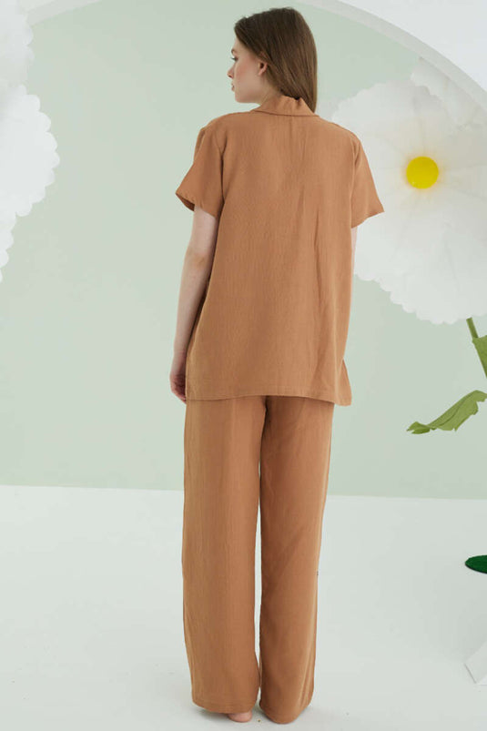Ensemble pyjama en mousseline à manches courtes brodées NBB, marron