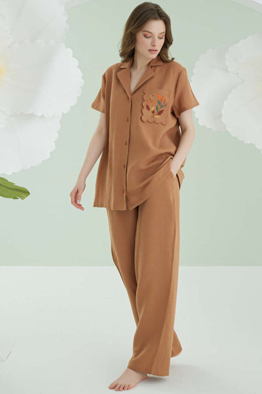 Ensemble pyjama en mousseline à manches courtes brodées NBB, marron