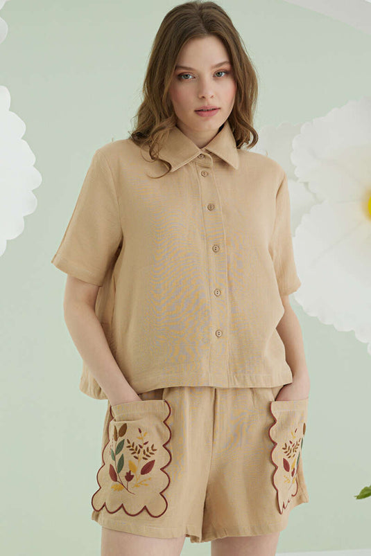 Ensemble pyjama en mousseline NBB avec short brodé et poche, beige