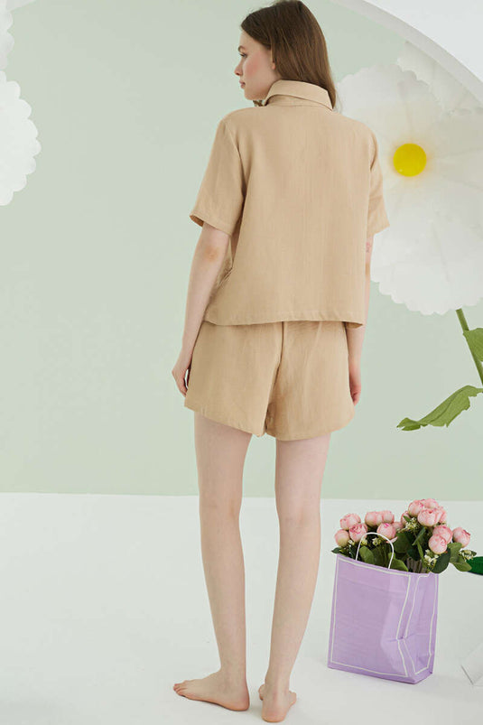 Ensemble pyjama en mousseline NBB avec short brodé et poche, beige