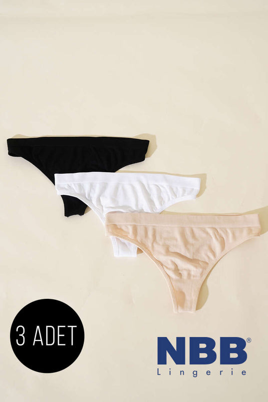 NBB Dikişsiz 3'lü String Külot Siyah Beyaz Ten