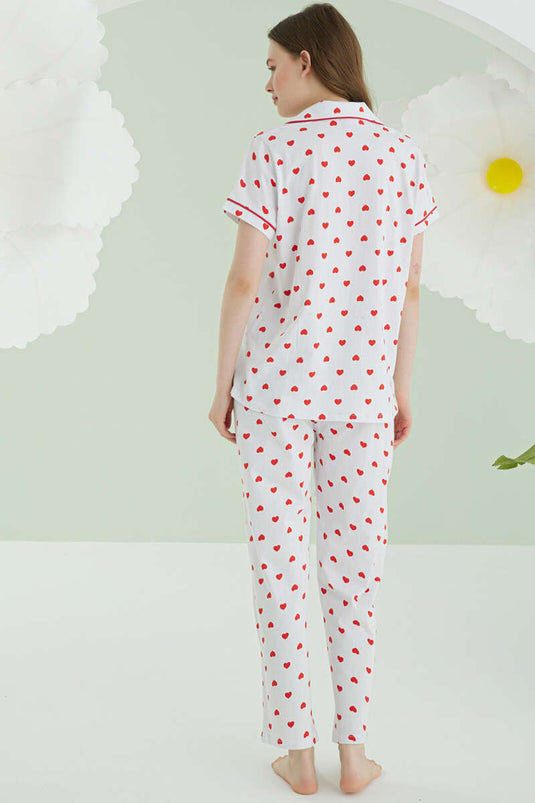 NBB Heart Patterned Buttoned Linen Pajama Set Ecru