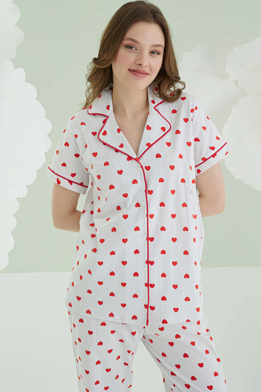 NBB Heart Patterned Buttoned Linen Pajama Set Ecru