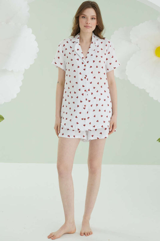 Ensemble pyjama short en lin écru NBB à boutons cœur