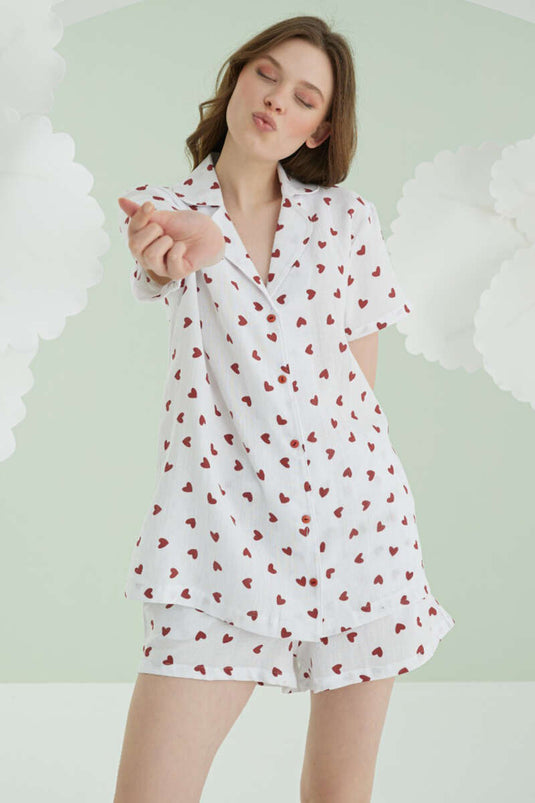 NBB Kalpli Düğmeli Şort Keten Pijama Takım Ekru