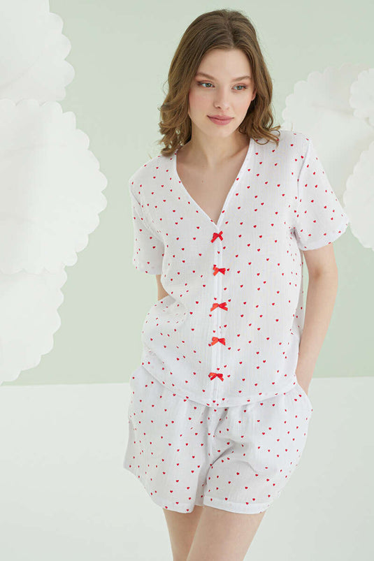 NBB Kalpli Fiyonklu Şortlu Müslin Pijama Takım Ekru