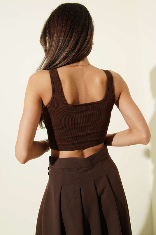 NBB Square Neck Ribbed Crop Top Brown