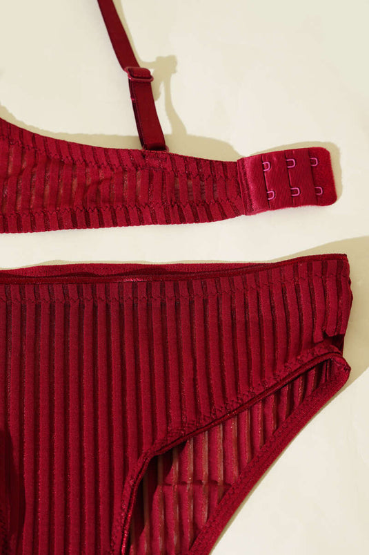 NBB Gestreiftes, transparentes, gepolstertes BH-Set, Burgunderrot