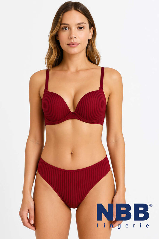 NBB Gestreiftes, transparentes, gepolstertes BH-Set, Burgunderrot