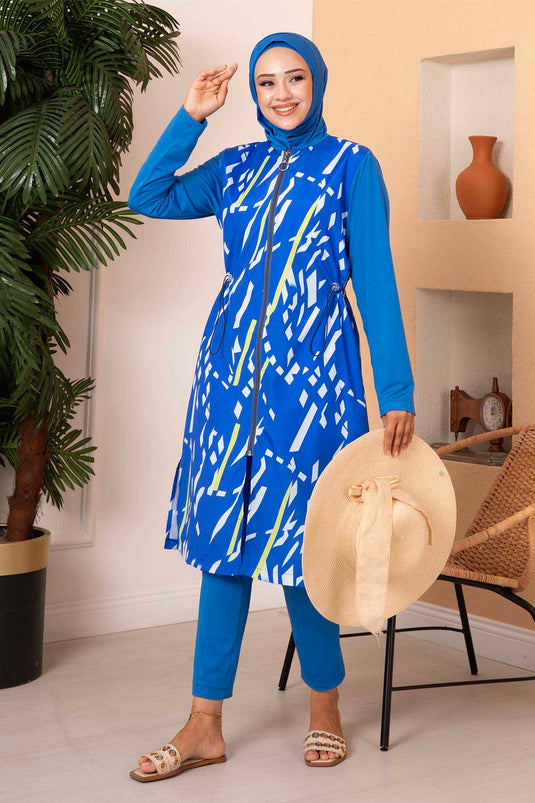 Neon Patterned Parachute Fabric Modest Swimsuit in Royal Blue