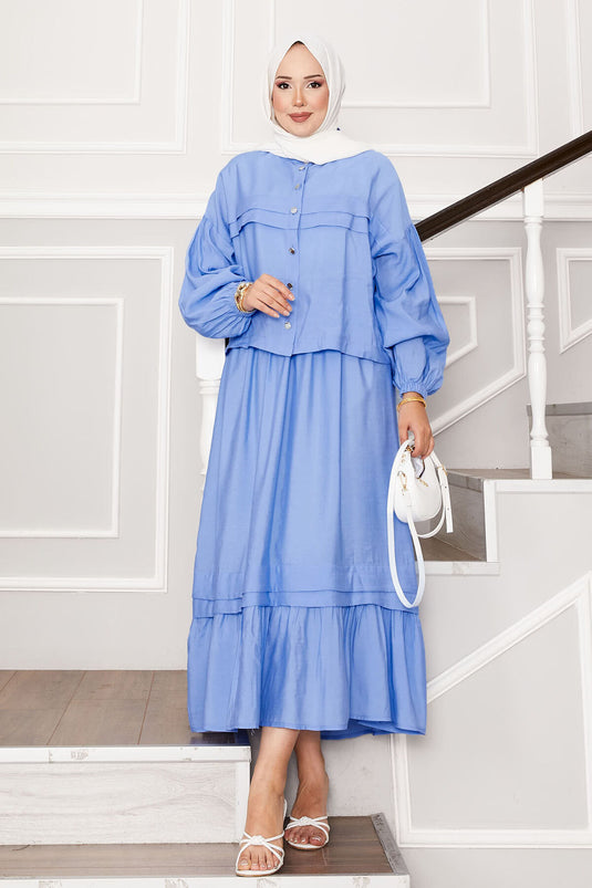 Ensemble jupe à manches ballon et détails côtelés bleu bébé