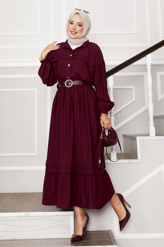 Ensemble jupe à manches ballon et détails côtelés rouge bordeaux