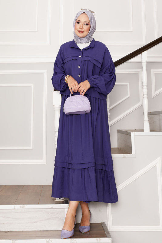 Ensemble jupe à manches ballon et détails côtelés violet