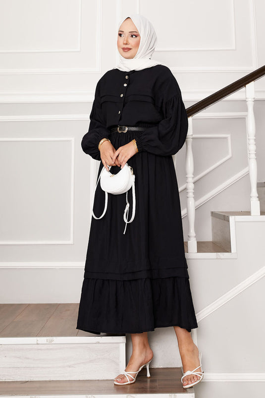 Ensemble jupe à manches ballon et détails côtelés noir