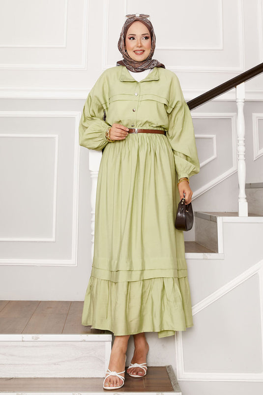 Ensemble jupe à manches ballon et détails côtelés vert pétrole