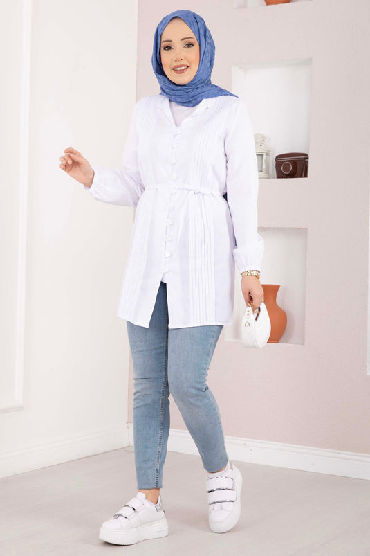 Shirt with Ribbed Detail and Drawstring White