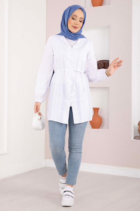 Overhemd met nervuurrand en koordsluiting, wit