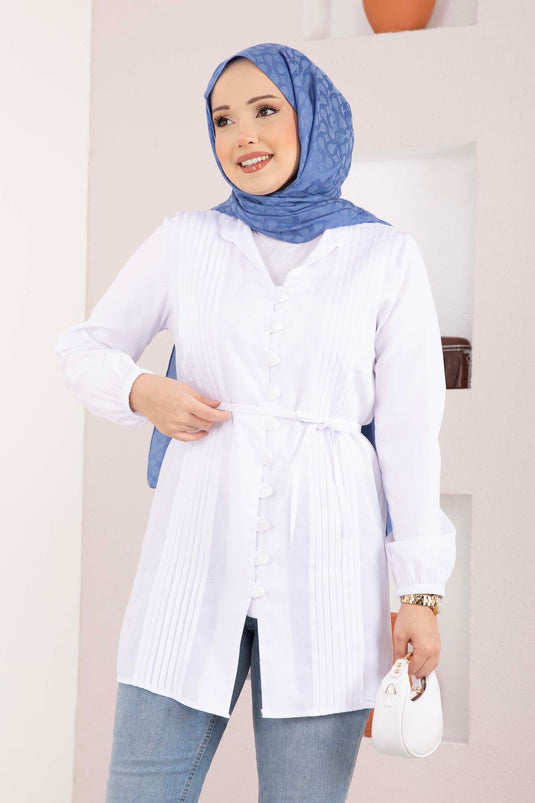 Overhemd met nervuurrand en koordsluiting, wit