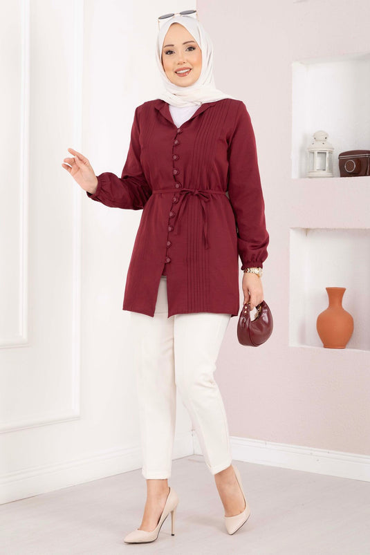 Overhemd met nervuurrand en koord, bordeauxrood