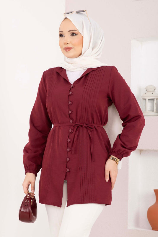 Overhemd met nervuurrand en koord, bordeauxrood