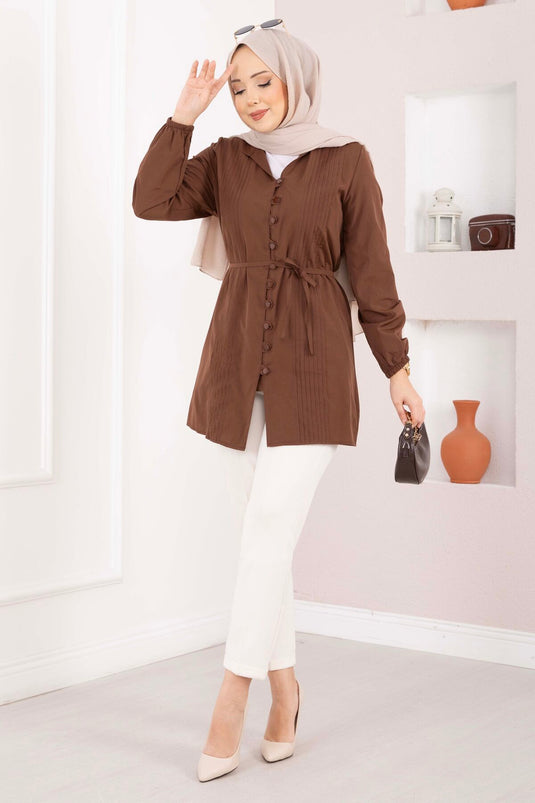 Overhemd met nervuurrand en koordsluiting, koffiebruin